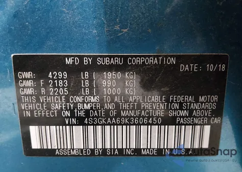 2019 Subaru Impreza 2.0I из США, поврежденный, VIN 4S3GKAA69K3606450